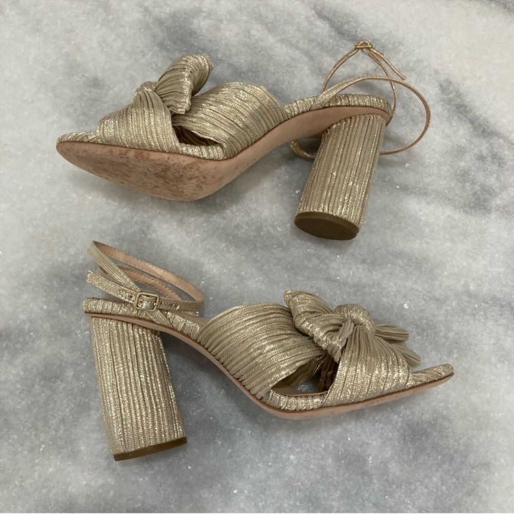 LOEFFLER RANDALL Camellia Platinum Gold Pleated Knot Bow Sandals - Picture 3 of 10
